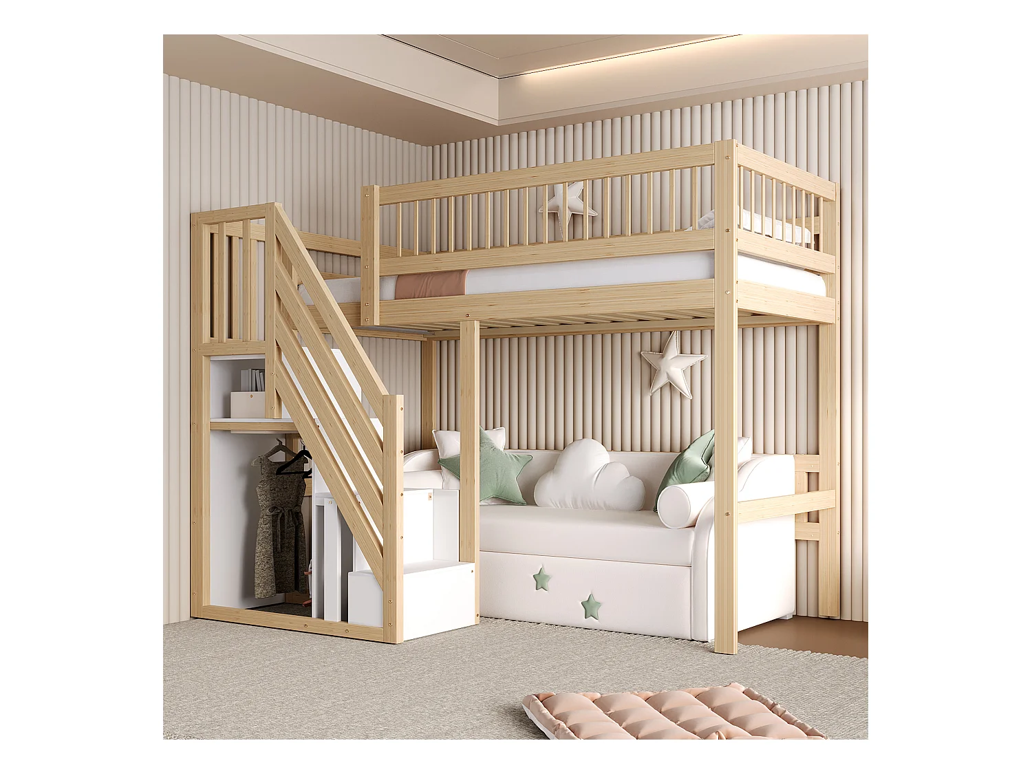 Cama de madera maciza 90x200 con escalera de almacenaje, estructura de madera maciza, color madera natural (205x142x173 cm)