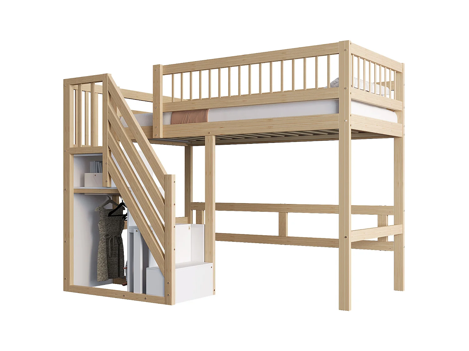 Cama de madera maciza 90x200 con escalera de almacenaje, estructura de madera maciza, color madera natural (205x142x173 cm)