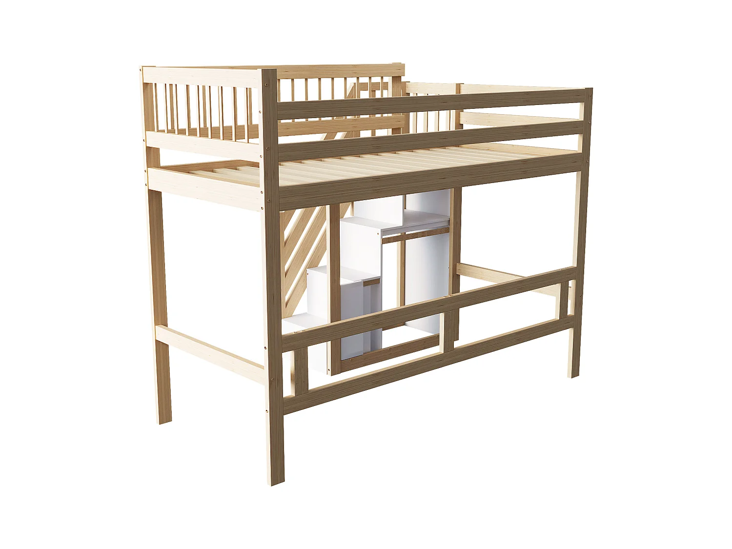 Cama de madera maciza 90x200 con escalera de almacenaje, estructura de madera maciza, color madera natural (205x142x173 cm)