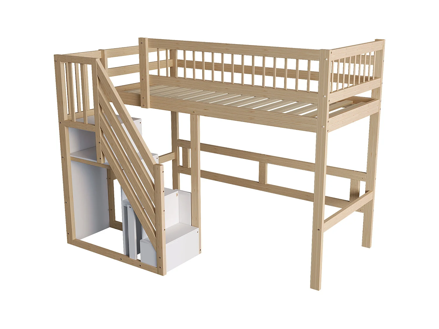 Cama de madera maciza 90x200 con escalera de almacenaje, estructura de madera maciza, color madera natural (205x142x173 cm)