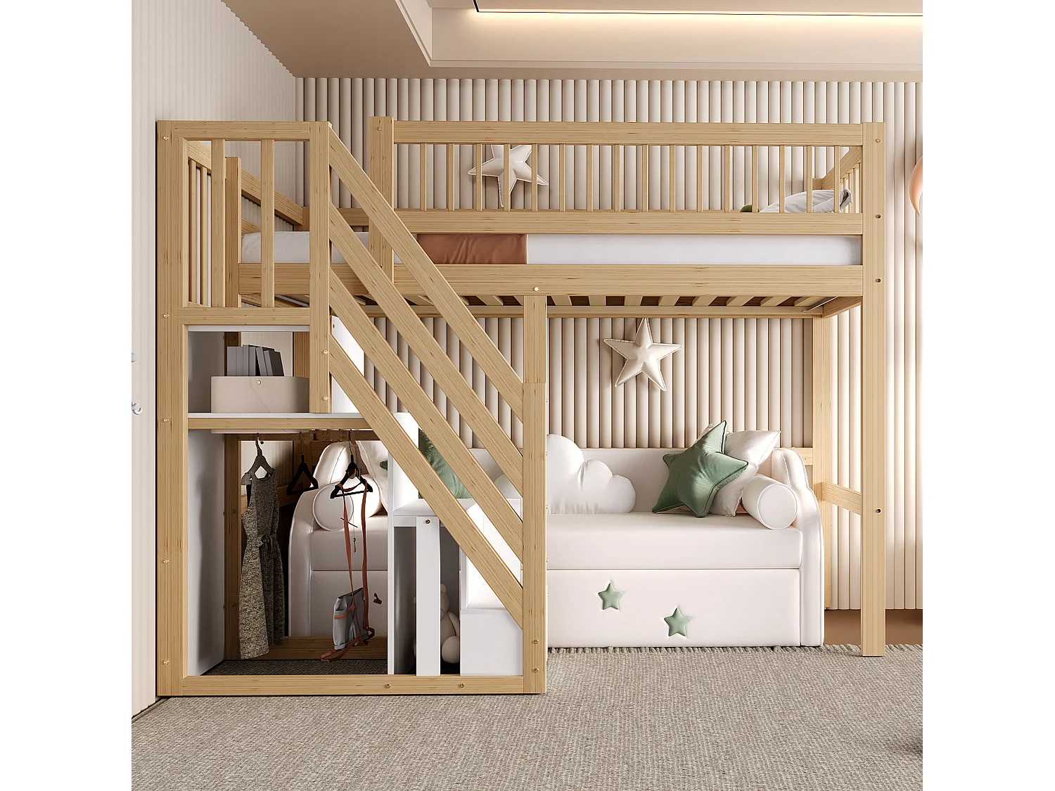 Cama de madera maciza 90x200 con escalera de almacenaje, estructura de madera maciza, color madera natural (205x142x173 cm)