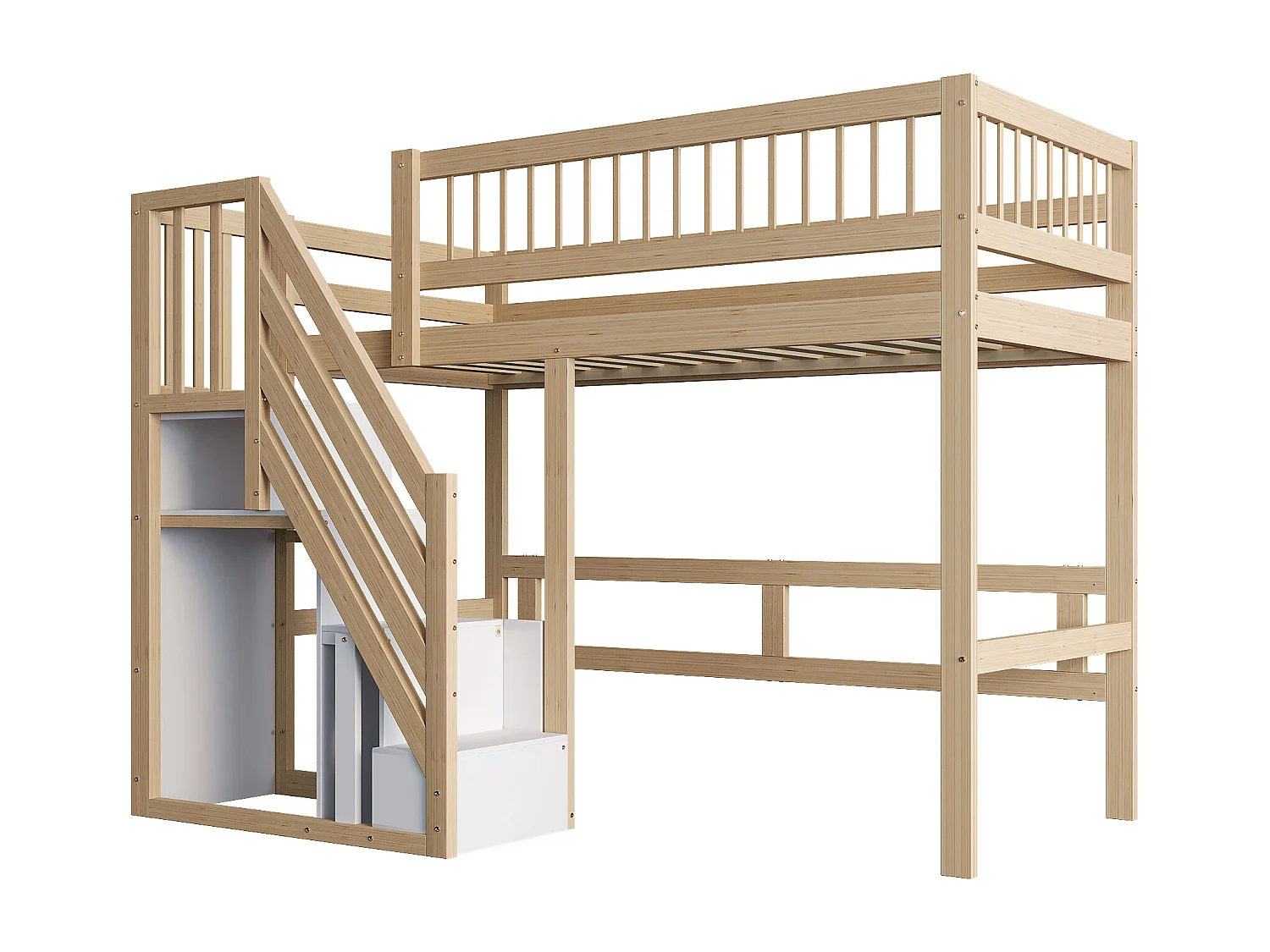 Cama de madera maciza 90x200 con escalera de almacenaje, estructura de madera maciza, color madera natural (205x142x173 cm)