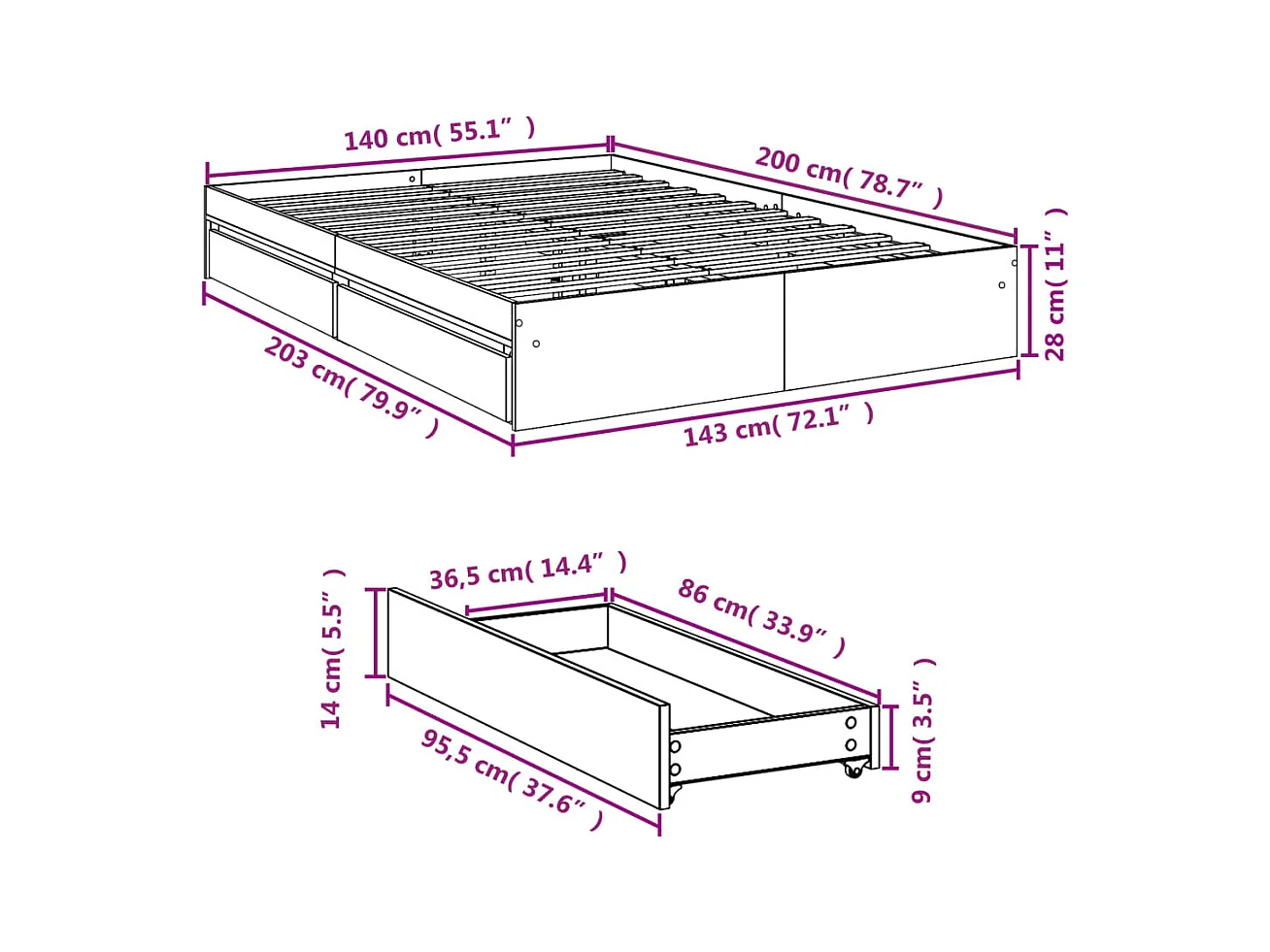 Estructura de cama con cajones sin colchón Sonoma gris 140x200 cm