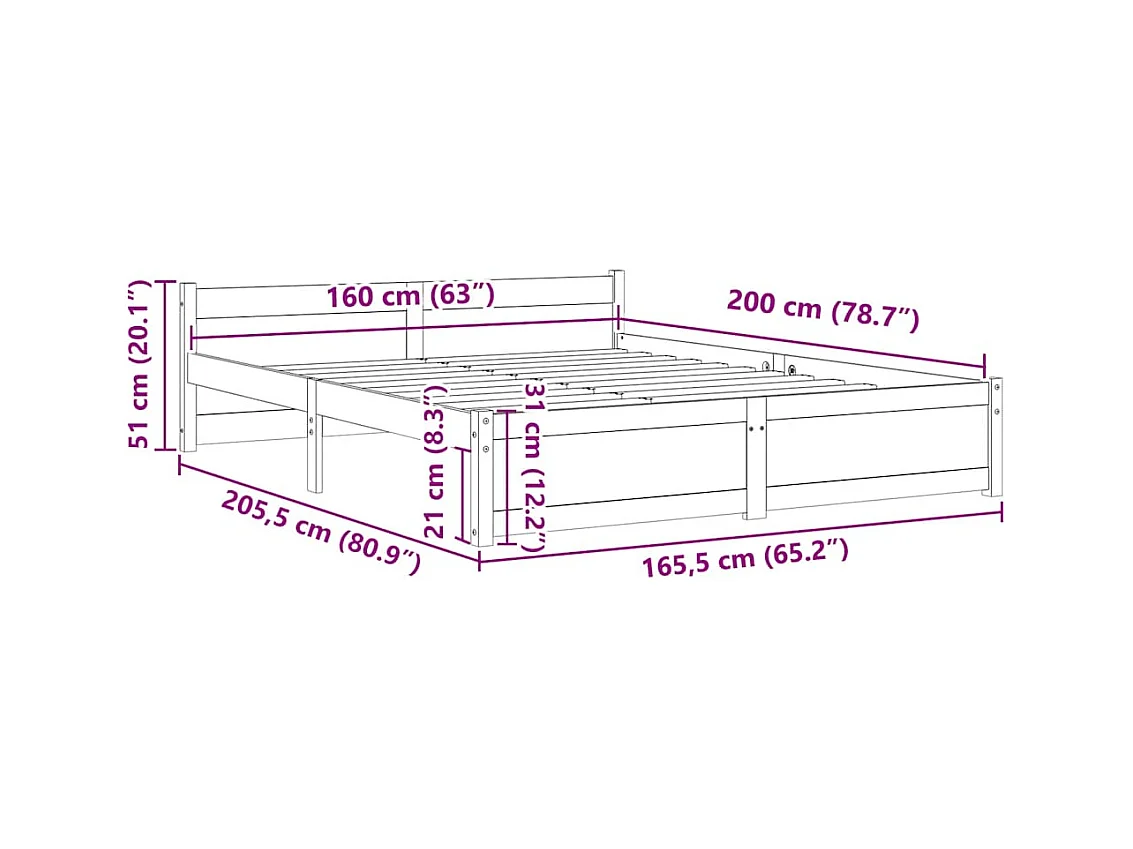 Struttura letto in legno massello senza materasso 160x200 cm