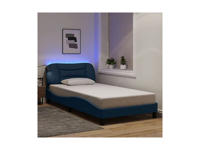 Bedframe met LED zonder matras blauw 100x200 cm stof