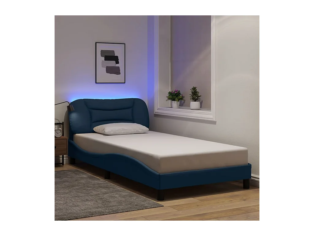 Bedframe met LED zonder matras blauw 100x200 cm stof