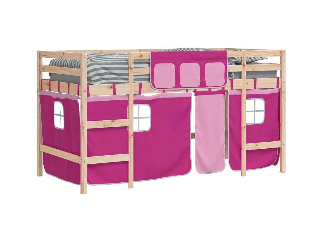 Cama alta infantil con cortinas sin colchón rosa 90x190 cm