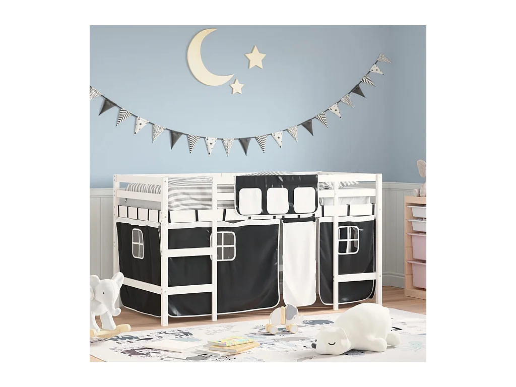 Letto a soppalco per bambini con tende senza materasso 90x190 cm