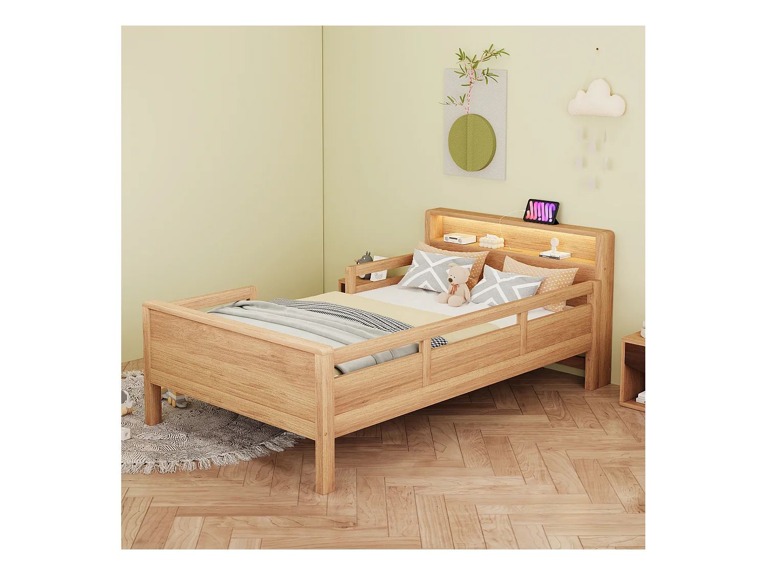 Houten bed 90 x 200 cm, met USB- en Type-C-aansluiting, kleine LED, hoofdeinde met opbergruimte, multifunctioneel, grenenhout (212x96x80 cm)