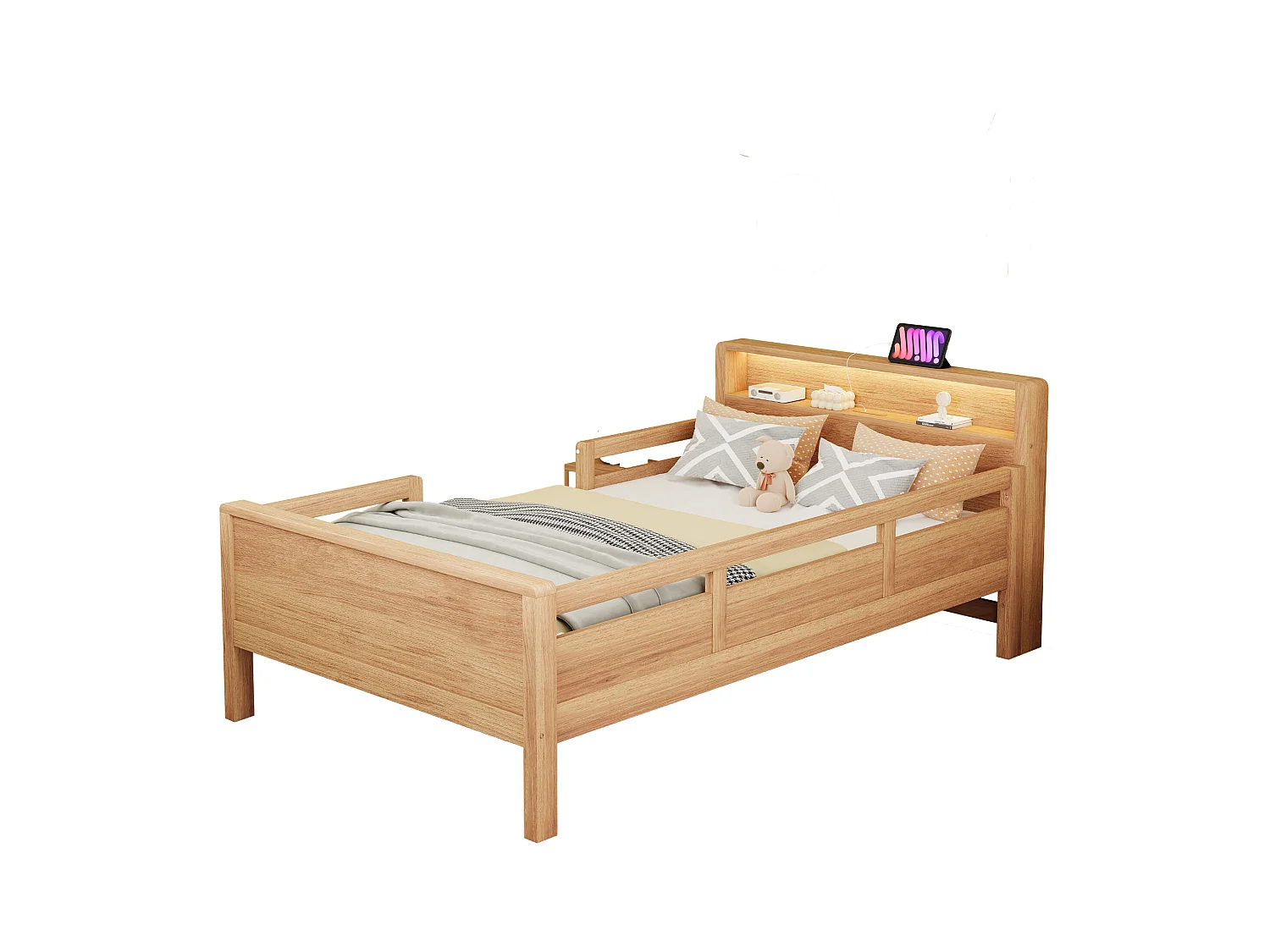 Houten bed 90 x 200 cm, met USB- en Type-C-aansluiting, kleine LED, hoofdeinde met opbergruimte, multifunctioneel, grenenhout (212x96x80 cm)