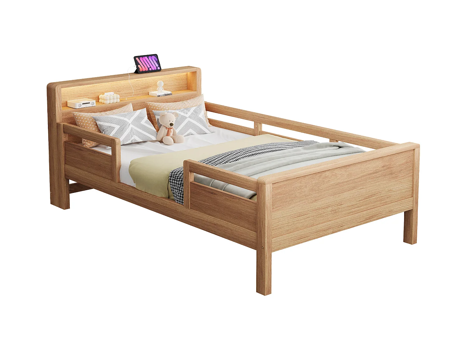 Houten bed 90 x 200 cm, met USB- en Type-C-aansluiting, kleine LED, hoofdeinde met opbergruimte, multifunctioneel, grenenhout (212x96x80 cm)