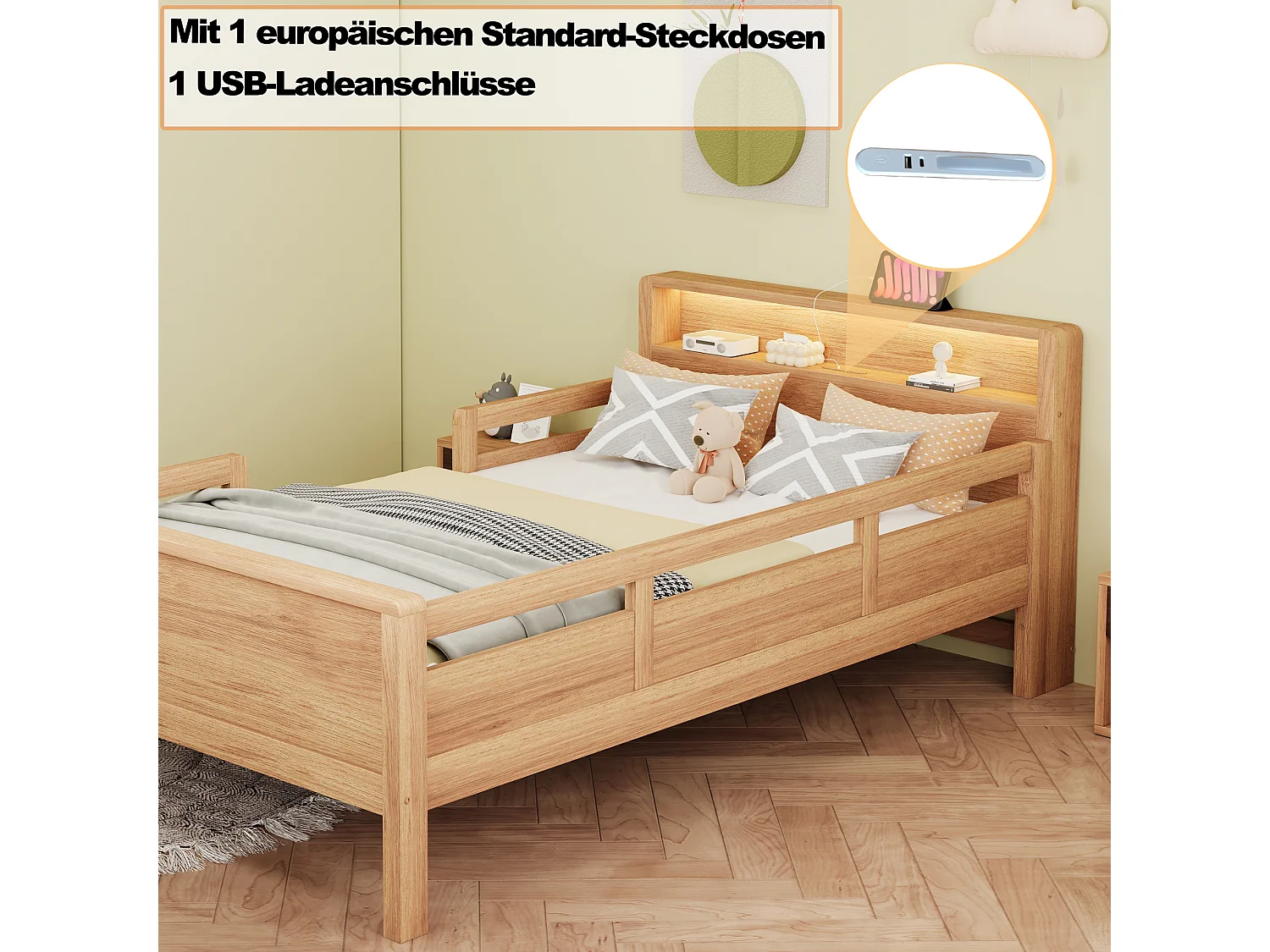 Houten bed 90 x 200 cm, met USB- en Type-C-aansluiting, kleine LED, hoofdeinde met opbergruimte, multifunctioneel, grenenhout (212x96x80 cm)