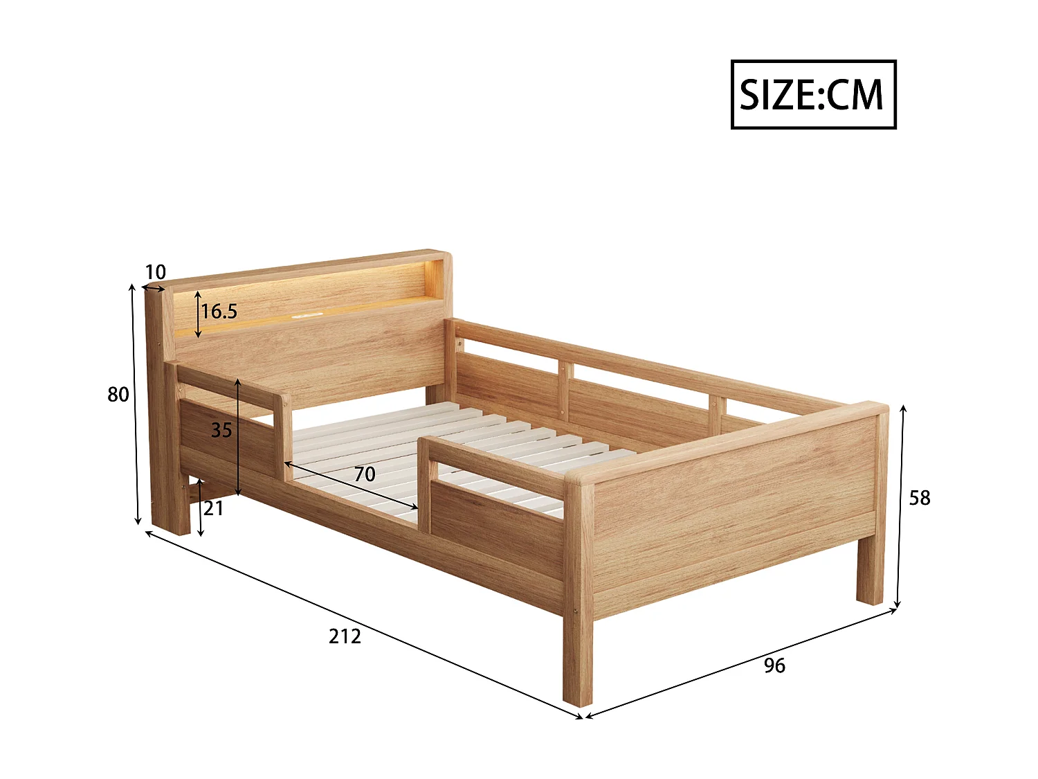 Houten bed 90 x 200 cm, met USB- en Type-C-aansluiting, kleine LED, hoofdeinde met opbergruimte, multifunctioneel, grenenhout (212x96x80 cm)