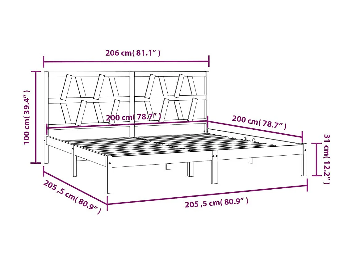 Cadre de lit sans matelas noir bois massif 200x200 cm