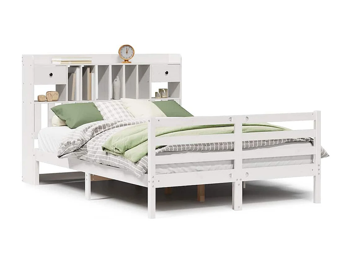 Lit bibliothèque sans matelas blanc 140x190 cm bois pin massif