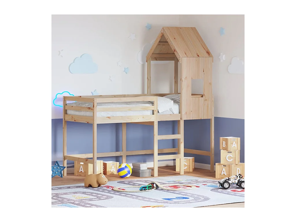 Etagenbett mit Leiter und Dach ohne Matratze 90x200 cm