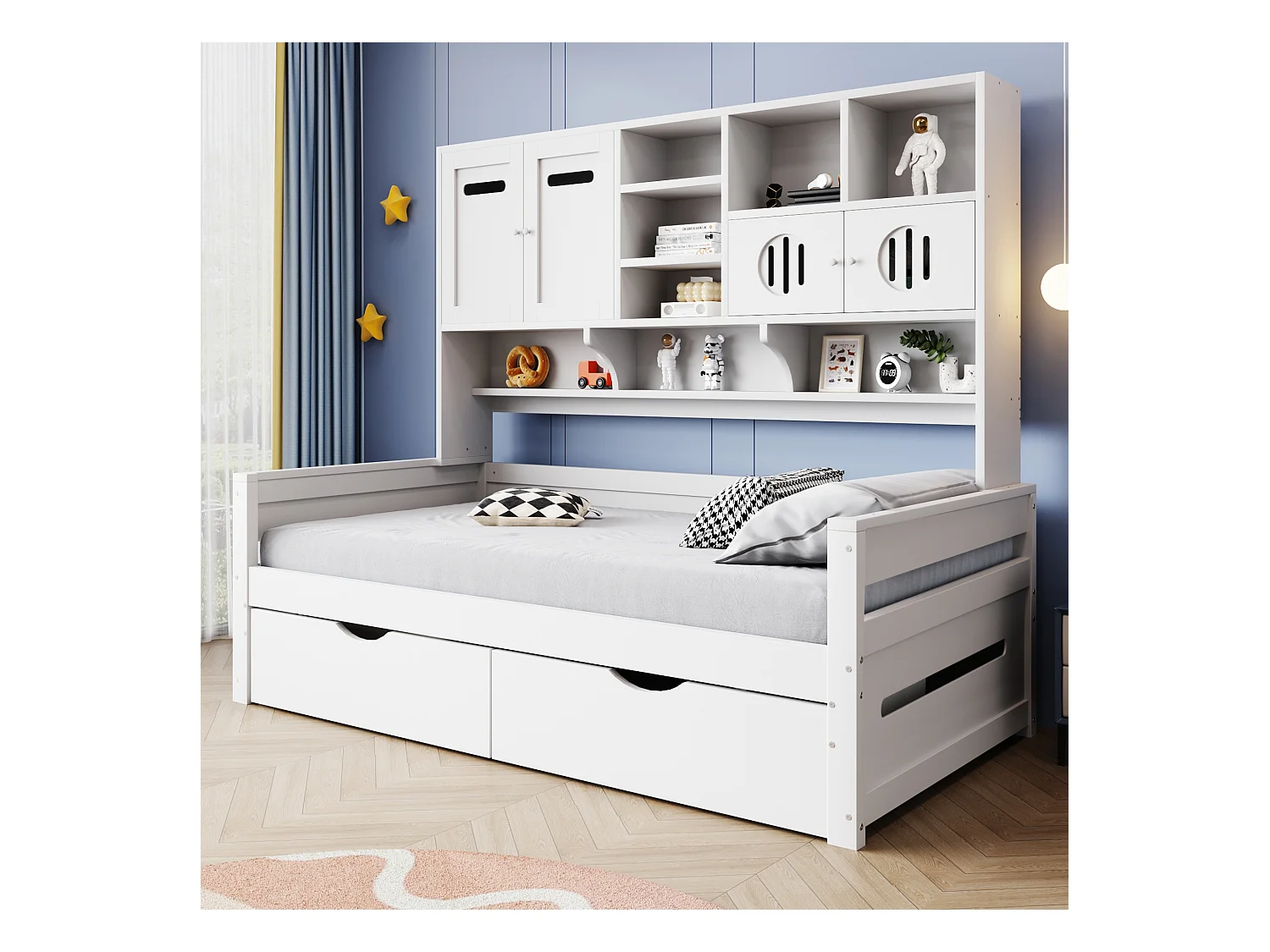 Houten slaapbank met multifunctionele opbergruimte, grote lade, eenpersoonsbed, wit (205x94,5x165,8 cm)