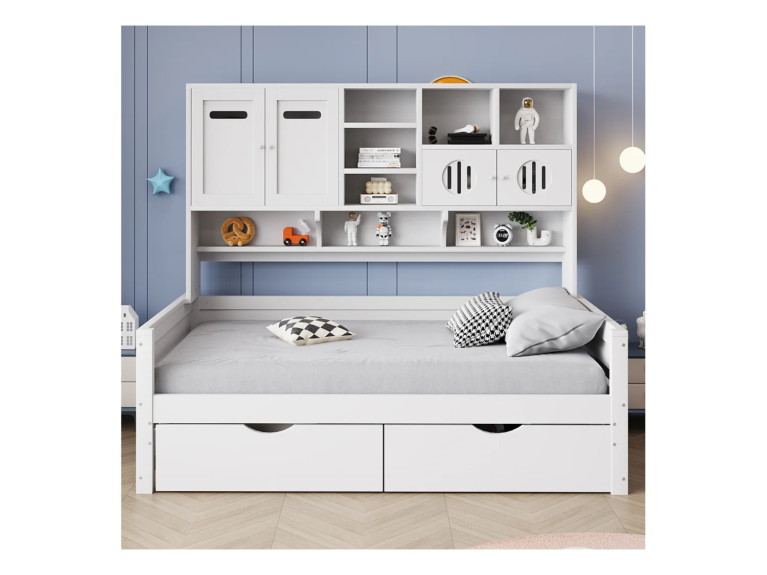 Houten slaapbank met multifunctionele opbergruimte, grote lade, eenpersoonsbed, wit (205x94,5x165,8 cm)