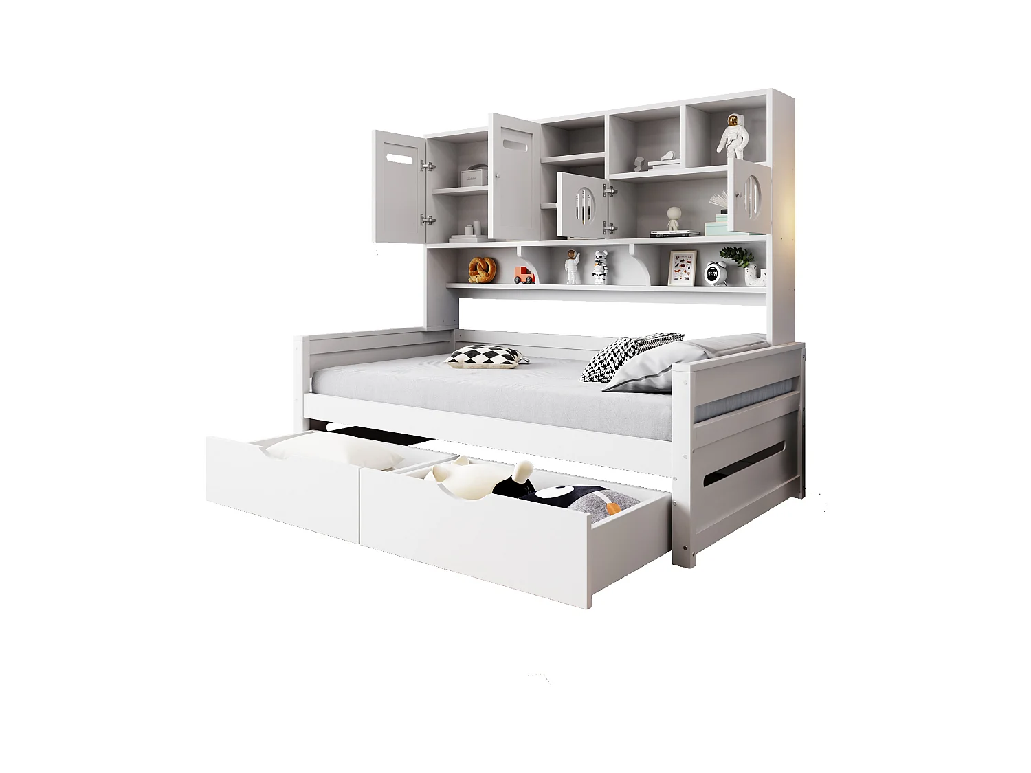 Houten slaapbank met multifunctionele opbergruimte, grote lade, eenpersoonsbed, wit (205x94,5x165,8 cm)