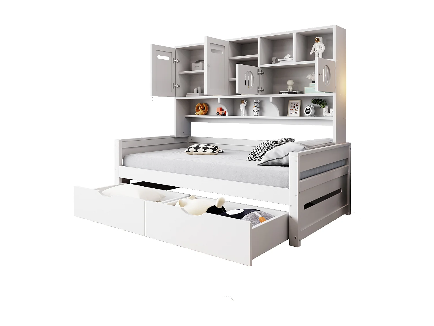 Lit canapé en bois avec rangement multifonction, grand tiroir, lit simple, blanc (205x94.5x165.8 cm)