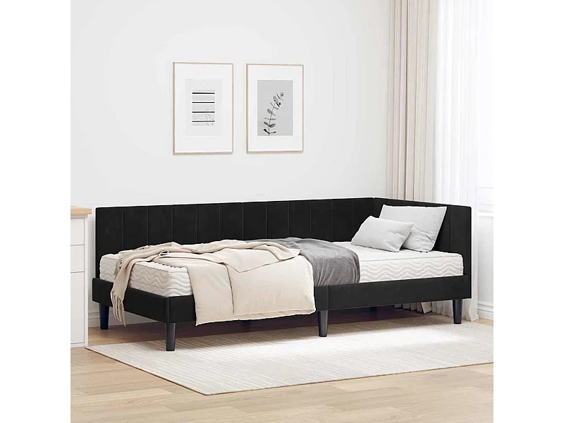 Cadre de lit d'angle avec matelas Noir 90 x 200 cm Velours