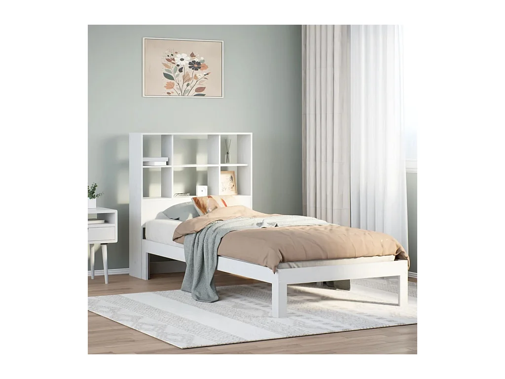 Lit bibliothèque sans matelas blanc 90x200cm bois de pin massif