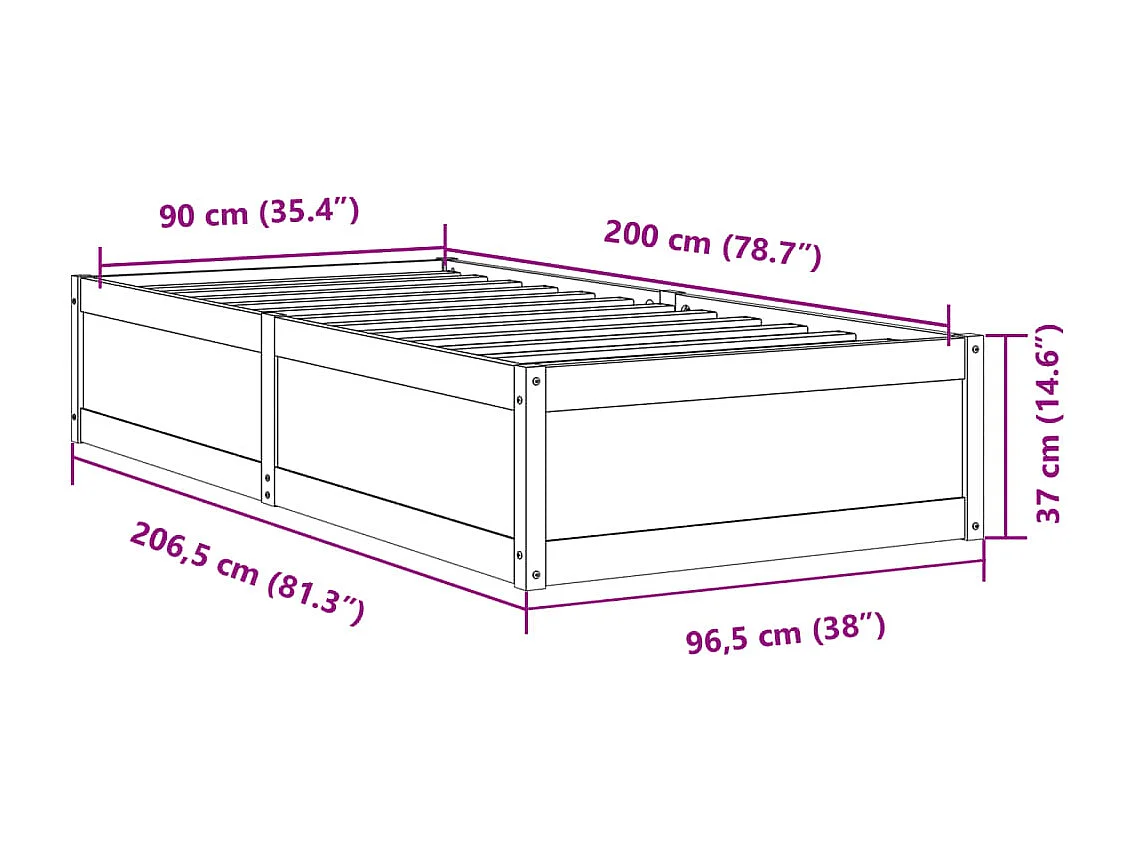 Struttura letto senza materasso bianco 90x200 cm in legno massello di pino
