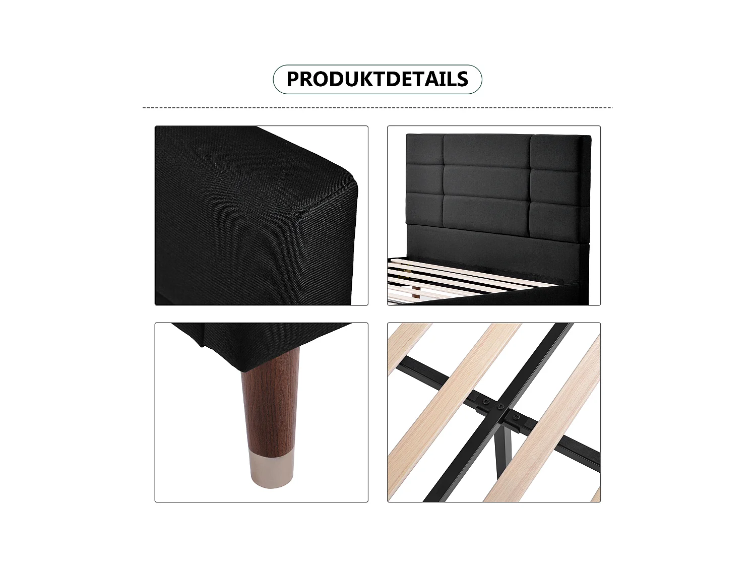 Bed 140x200 cm, frame met lattenbodem en hoofdbord, in zwart linnen, modern design voor volwassenen en tieners (209x141x101 cm)