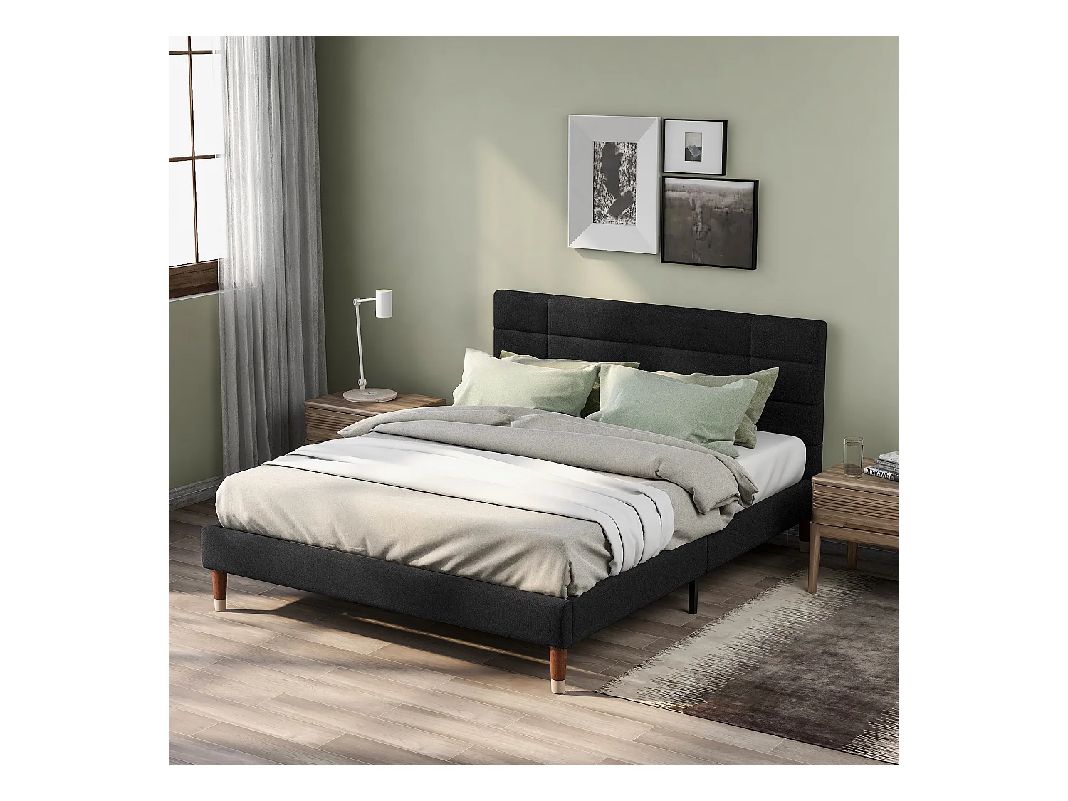 Bed 140x200 cm, frame met lattenbodem en hoofdbord, in zwart linnen, modern design voor volwassenen en tieners (209x141x101 cm)