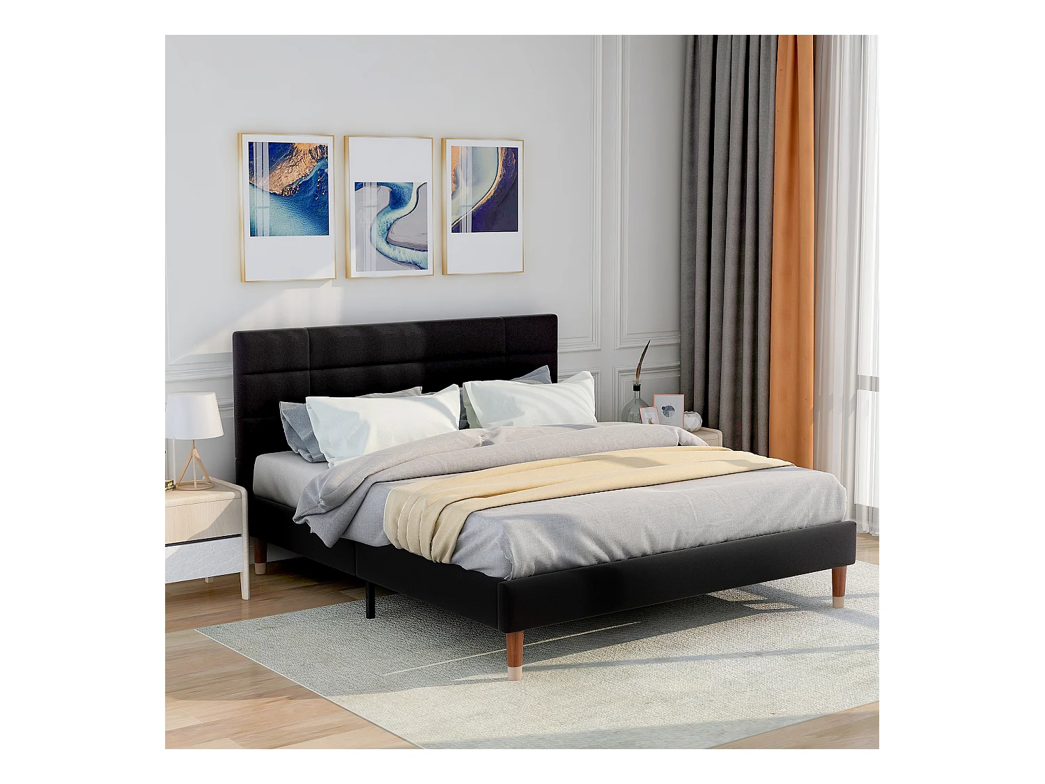 Bed 140x200 cm, frame met lattenbodem en hoofdbord, in zwart linnen, modern design voor volwassenen en tieners (209x141x101 cm)