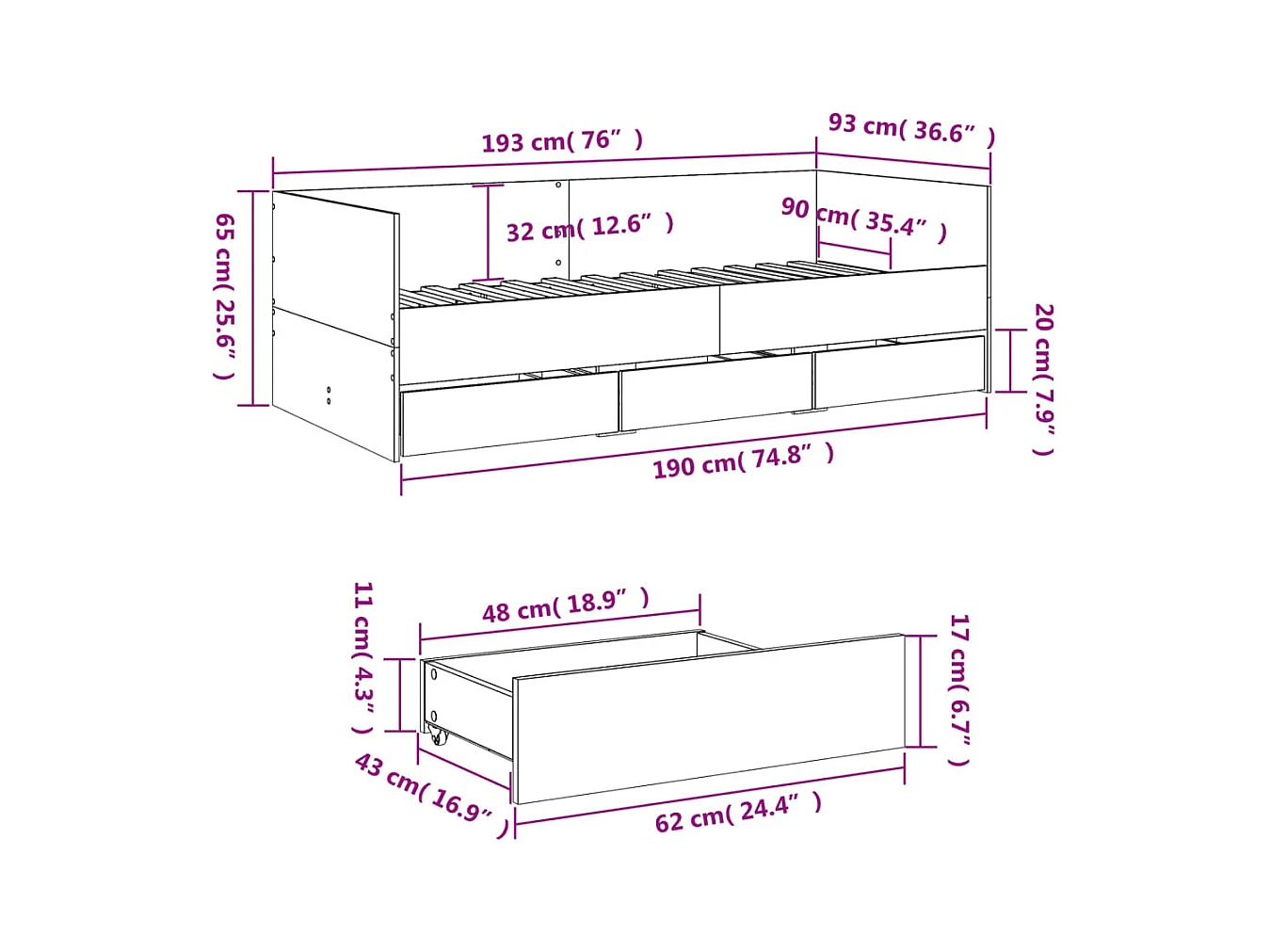 Dagbed met lades zonder matras wit 90x190 cm