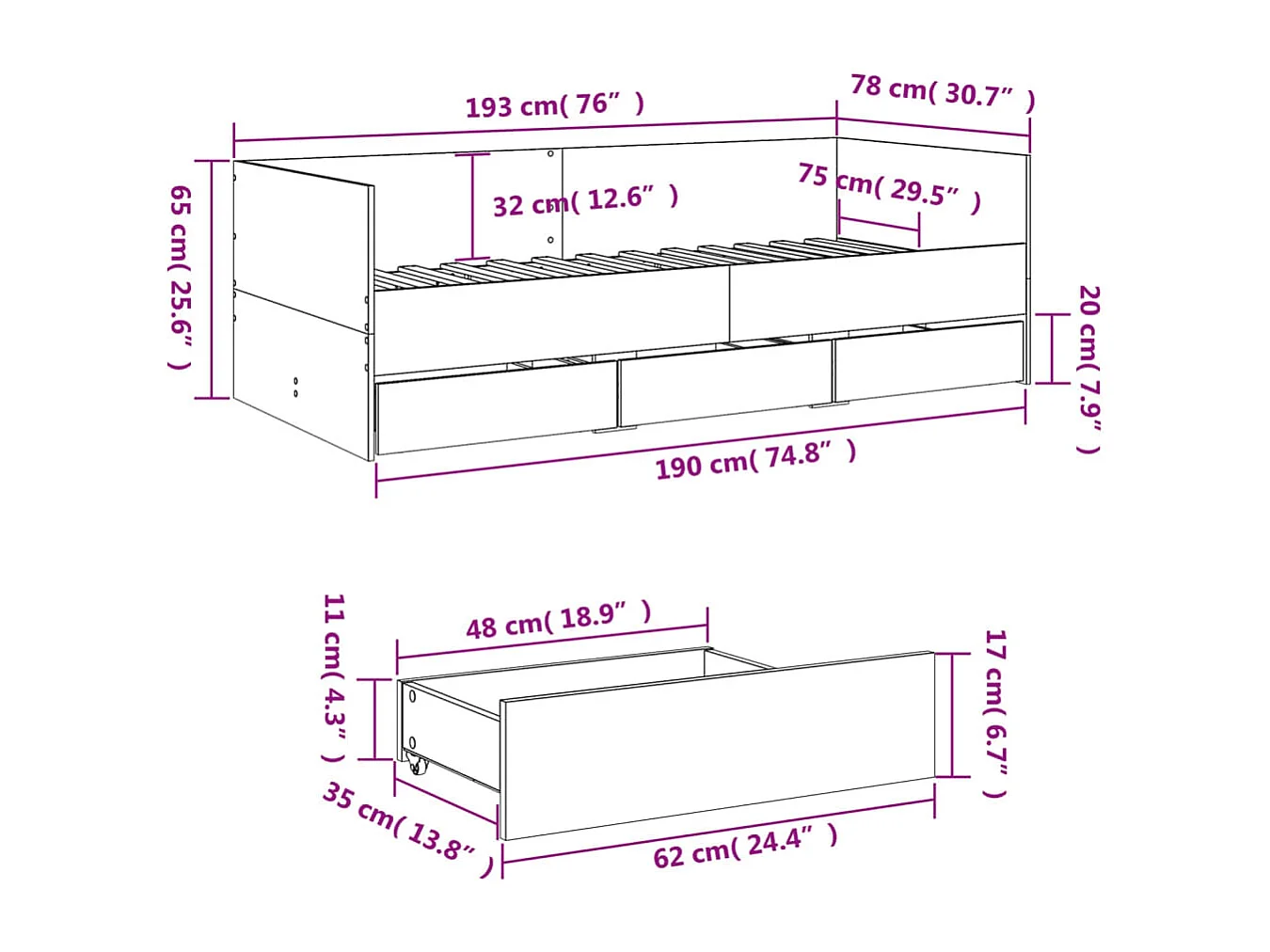 Cama de día con cajones sin colchón roble sonoma 75x190 cm