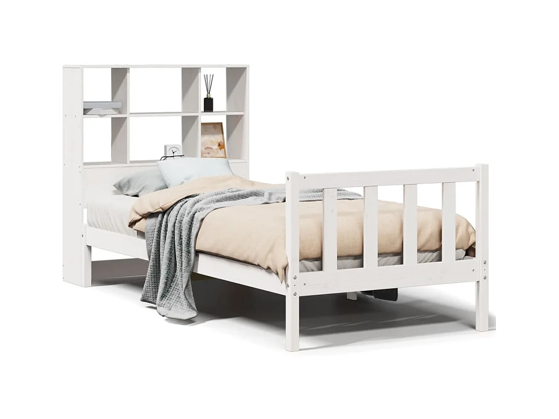 Letto libreria bianco senza materasso 90x190cm in legno massello di pino