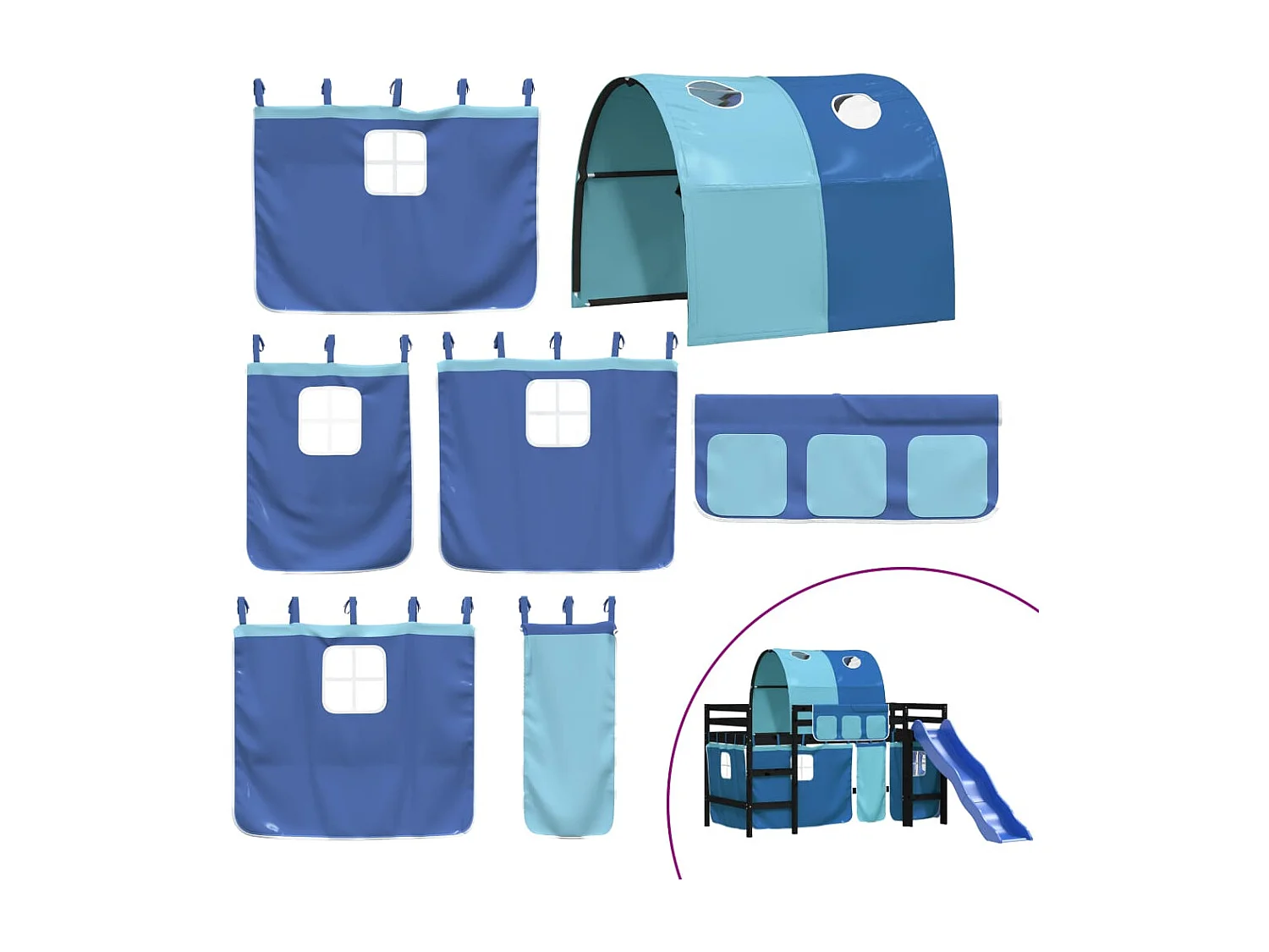 Lit mezzanine enfants avec tunnel sans matelas bleu 80x200 cm