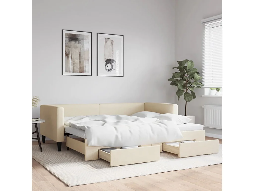 Lit de jour avec gigogne et tiroirs sans matelas crème 90x200cm