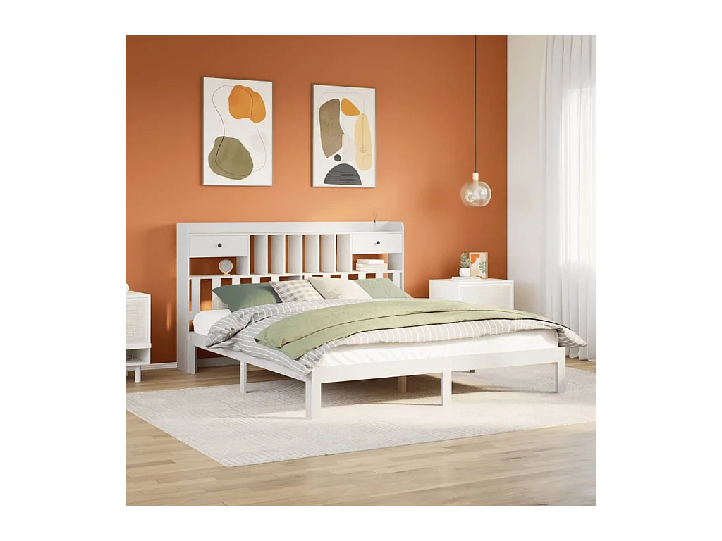 Cama librería blanca sin colchón 180x200 cm madera maciza de pino