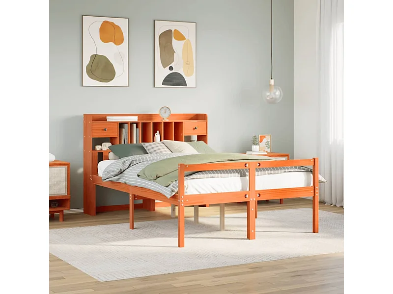 Cama librería sin colchón, color marrón cera, 160x200 cm, pino macizo