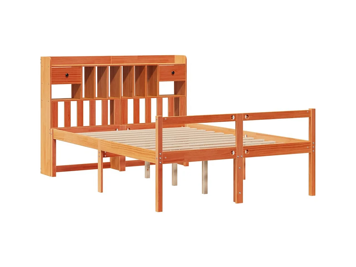 Letto libreria senza materasso, cera marrone, 160x200 cm, pino massiccio