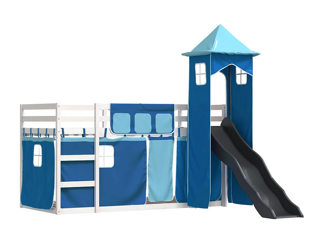 Lit superposé sans matelas avec toboggan et rideaux 80x200 cm