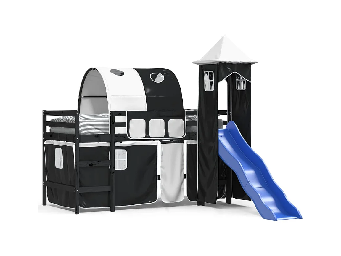 Lit mezzanine enfants et tour sans matelas blanc noir 80x200cm