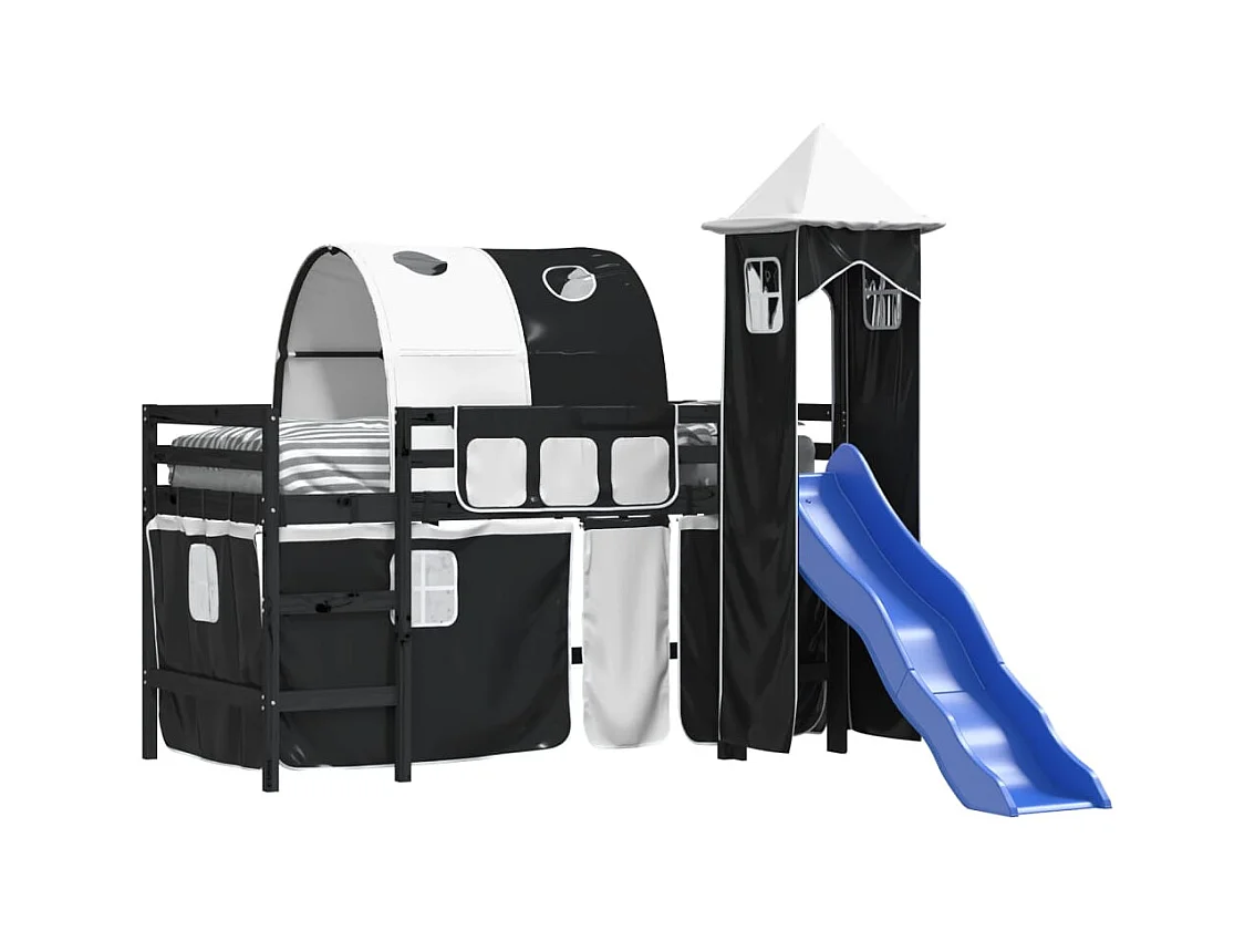 Lit mezzanine enfants et tour sans matelas blanc noir 80x200cm