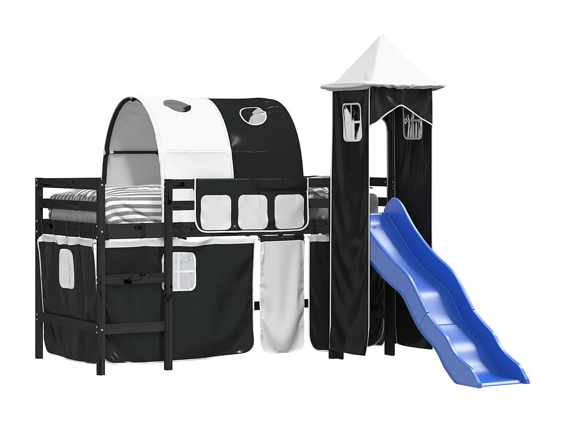 Lit mezzanine enfants et tour sans matelas blanc noir 80x200cm