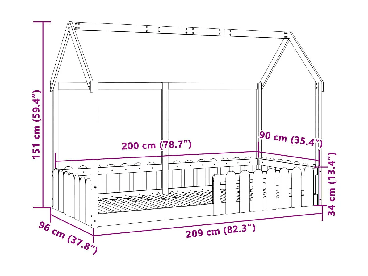 Struttura letto per bambini a forma di casa senza materasso 90x200 cm
