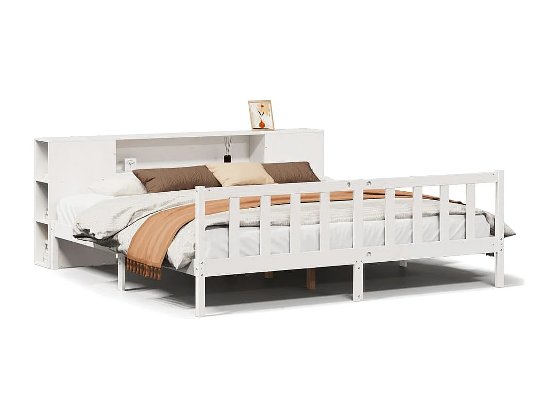 Lit bibliothèque sans matelas blanc 200x200 cm bois pin massif