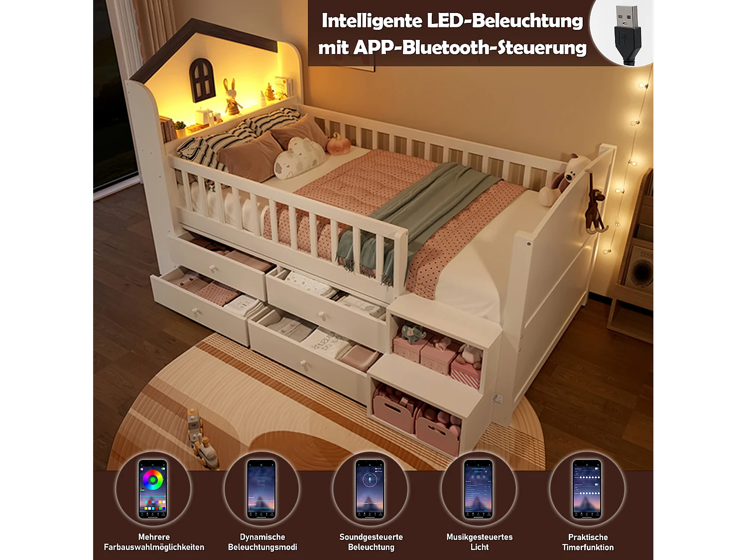 Halfhoog bed 90x200 cm, huis met ramen, 4 lades, LED, opbergladder, grenen, wit (214x124,5x120 cm)