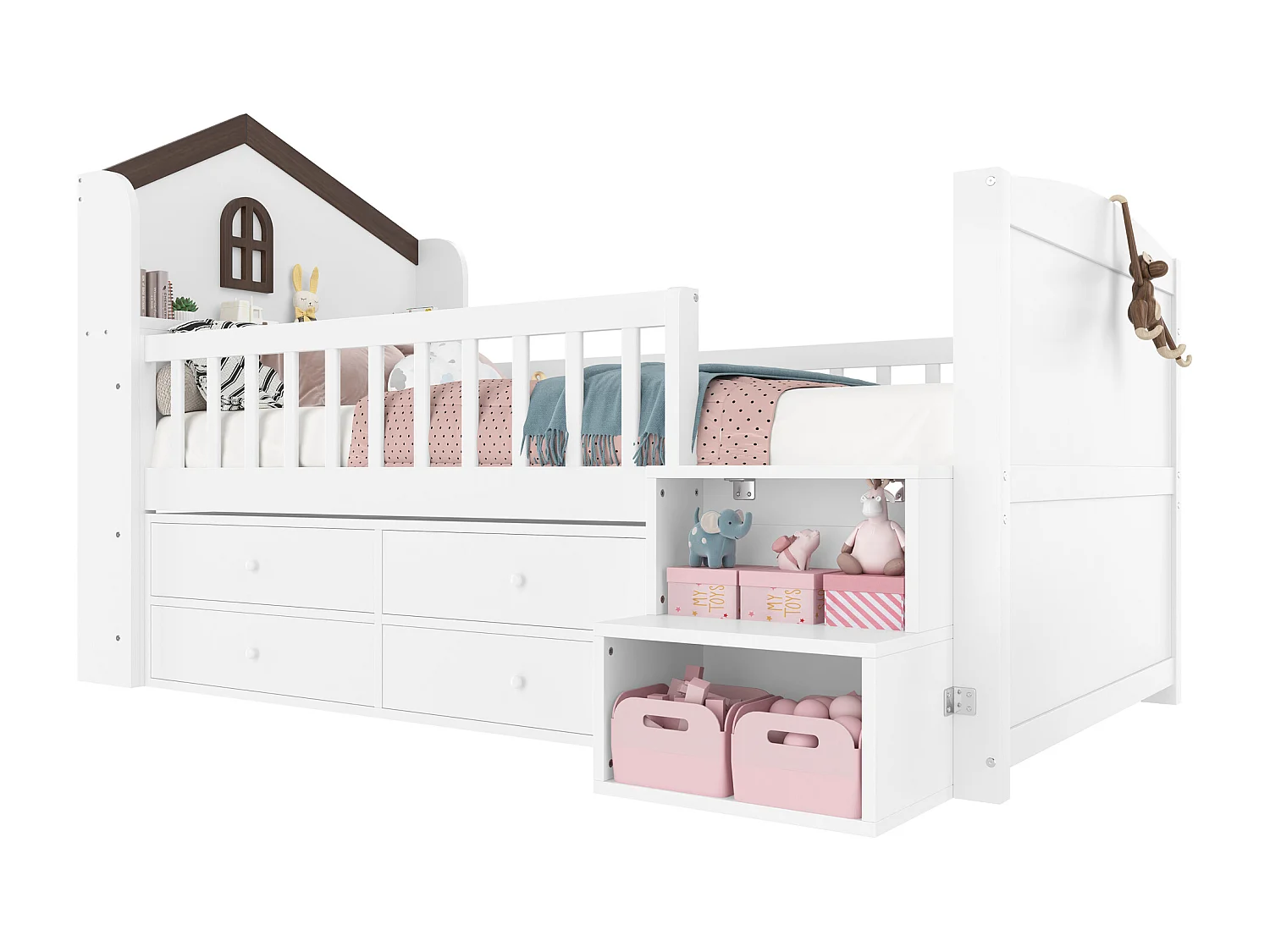 Halfhoog bed 90x200 cm, huis met ramen, 4 lades, LED, opbergladder, grenen, wit (214x124,5x120 cm)