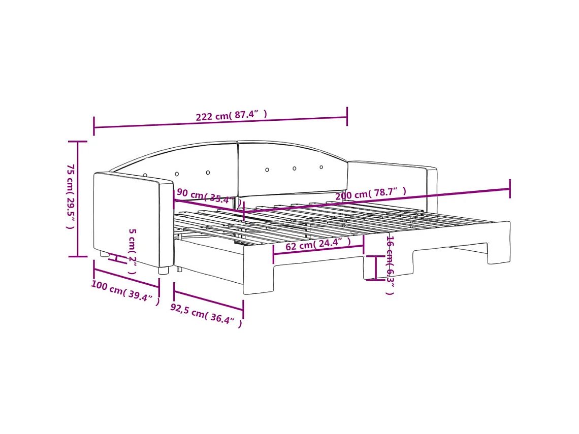 Dagbed met onderschuifbed zonder matras lichtgrijs 90x200 cm