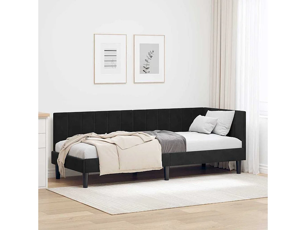 Estructura de cama esquinera con cabecero Terciopelo Negro 80 x 200 cm