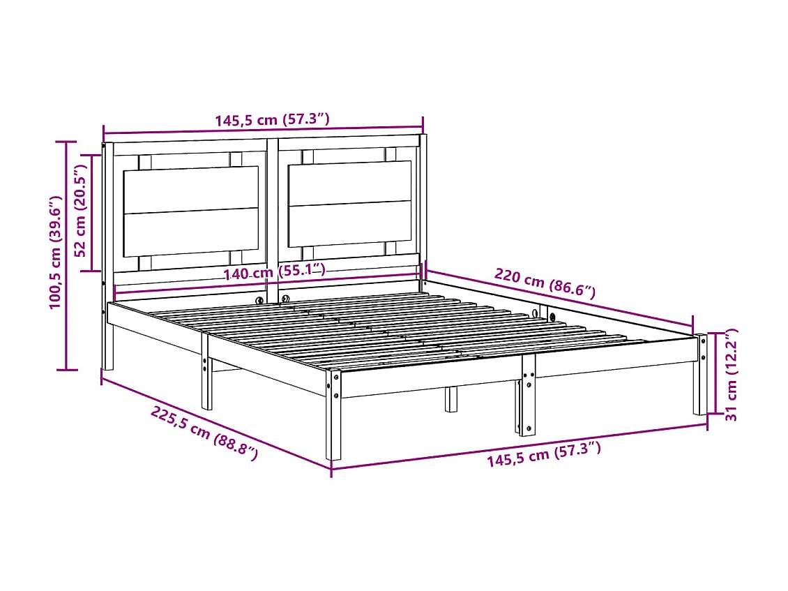 Struttura letto extra lunga senza materasso 140x220 cm in legno massello
