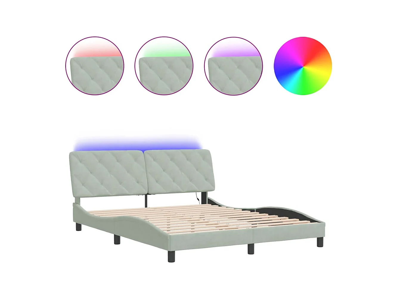 Struttura letto con LED senza materasso grigio chiaro 160x200cm velluto